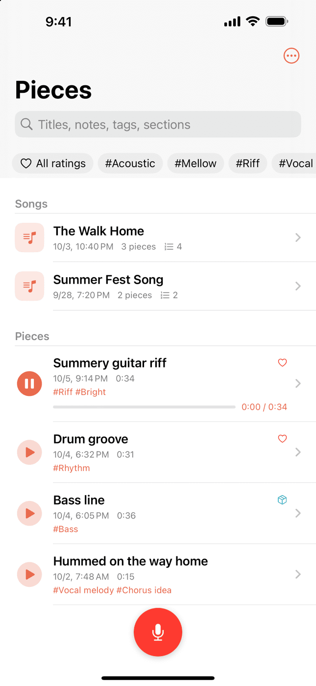 Your pieces and songs in one list