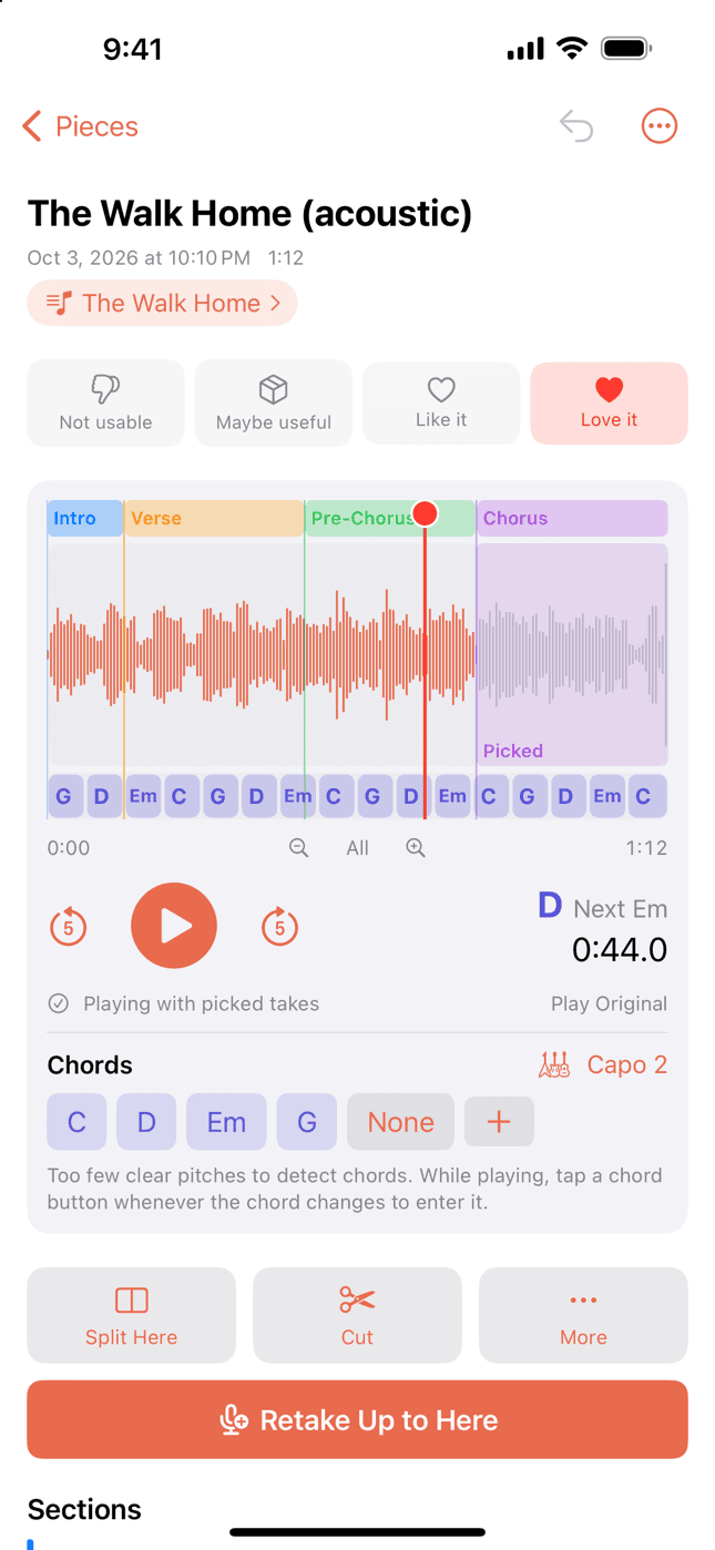 Sections, chords, and picked takes on the waveform